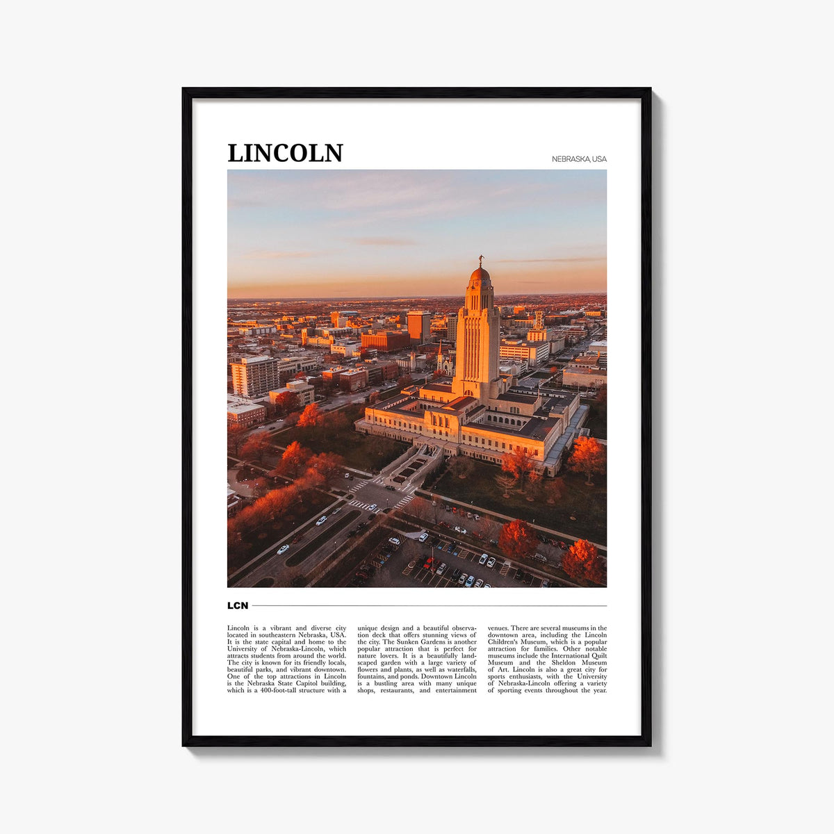 Lincoln colorful travel poster of Nebraska, USA – vertical wall art, unframed print shown in interior mockup