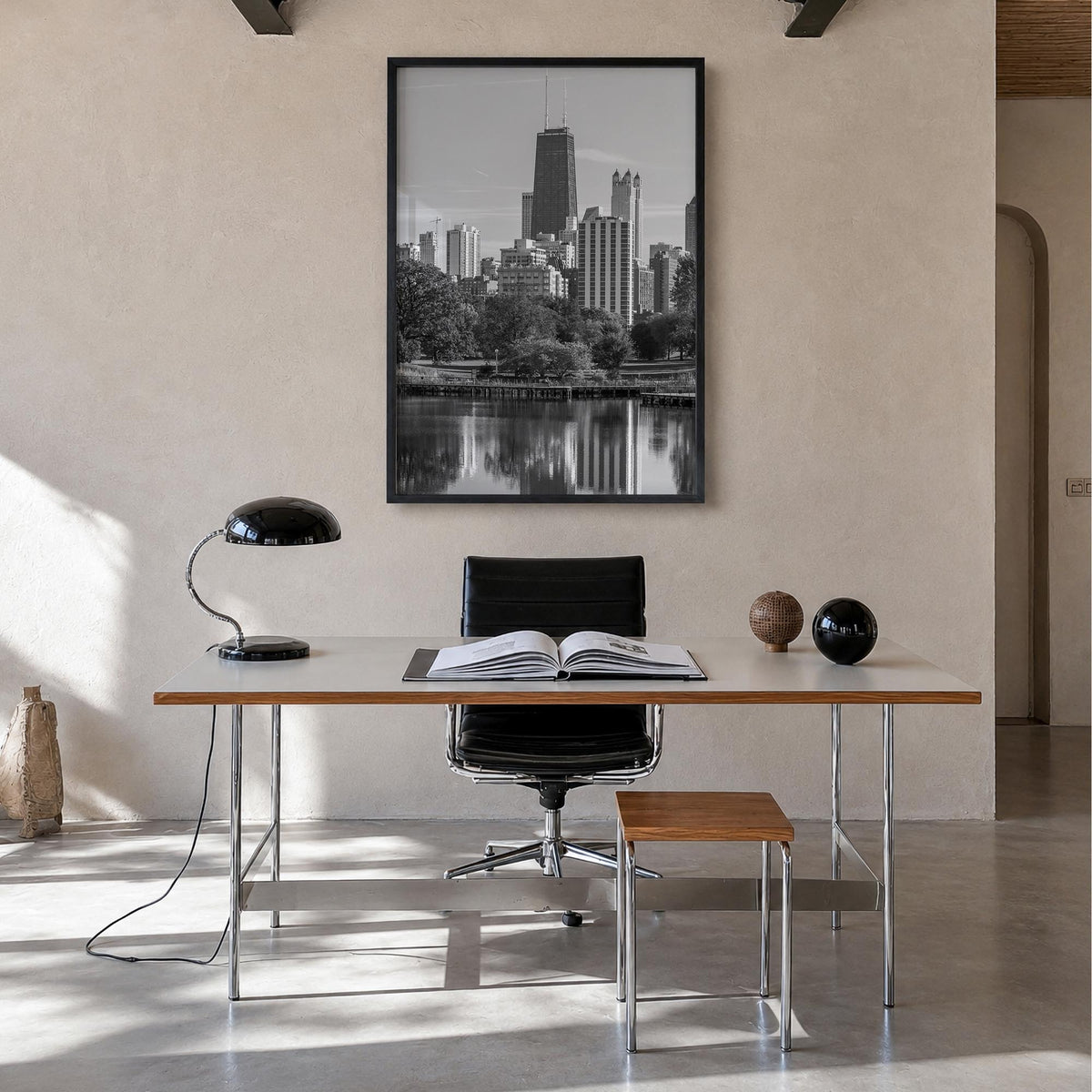Lincoln Park black & white photo poster of Chicago, Illinois – vertical wall art in black wood frame, hanging on wall