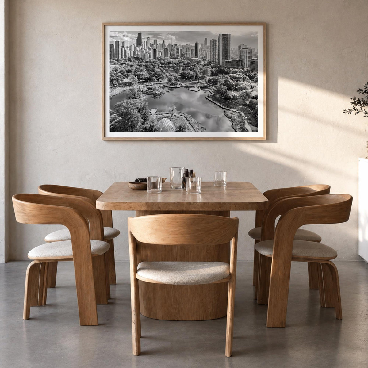Lincoln Park black & white photo poster of Chicago, Illinois – horizontal wall art in natural wood frame with white border, h