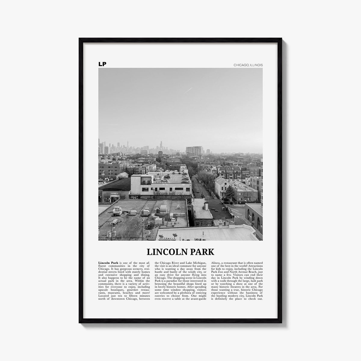 Lincoln Park no. 2 black & white newspaper poster of Chicago, Illinois – vertical wall art, unframed print shown in interior