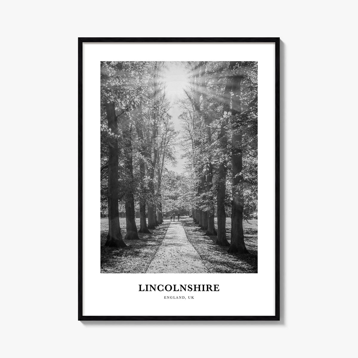 Lincolnshire black & white classic poster of England, UK – vertical wall art, unframed print shown in interior mockup