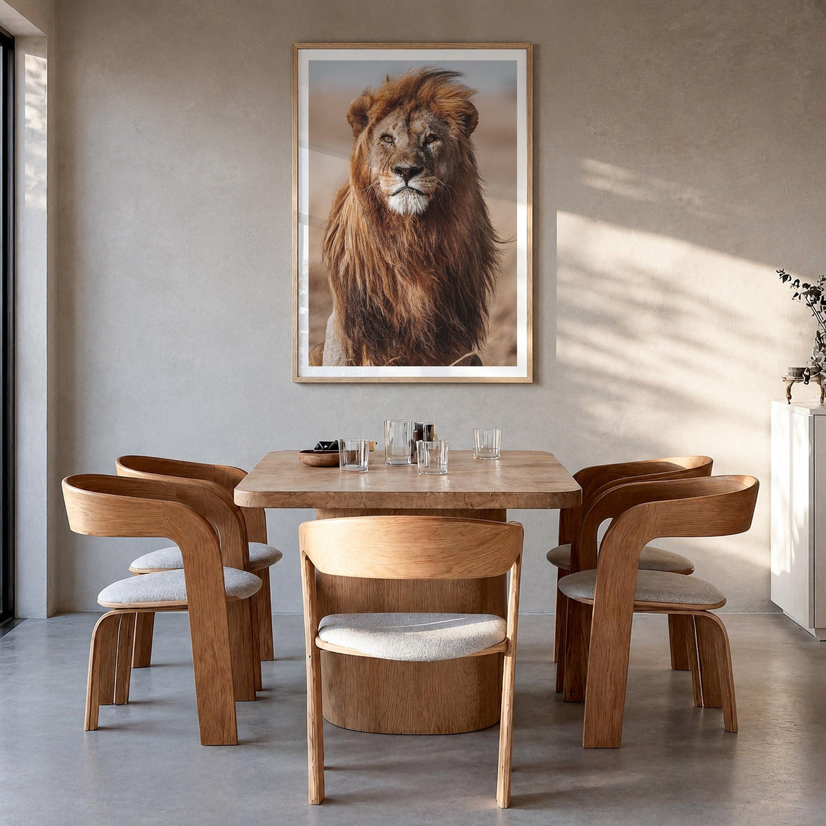 Lion no. 1 colorful photo poster – vertical wall art in natural wood frame with white border, hanging on wall