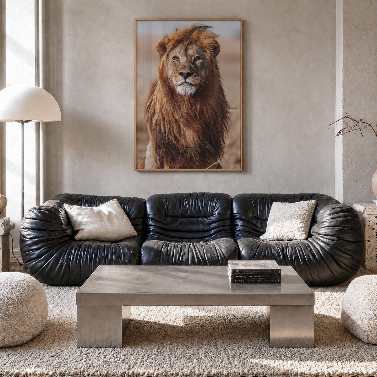 Lion no. 1 colorful photo poster – vertical wall art in natural wood frame, hanging on wall