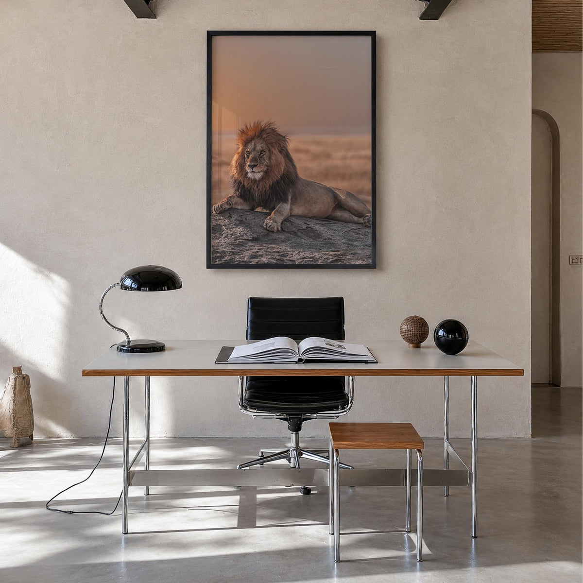 Lion no. 2 colorful photo poster – vertical wall art in black wood frame, hanging on wall