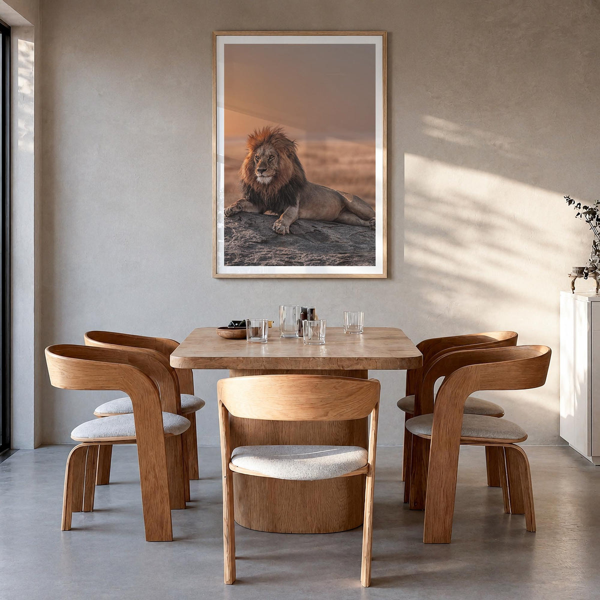 Lion no. 2 colorful photo poster – vertical wall art in natural wood frame with white border, hanging on wall