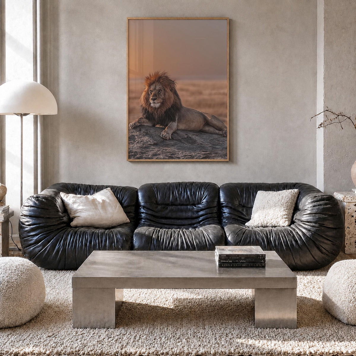Lion no. 2 colorful photo poster – vertical wall art in natural wood frame, hanging on wall