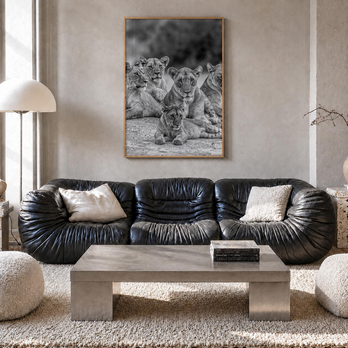 Lion no. 3 black & white photo poster – vertical wall art in natural wood frame, hanging on wall