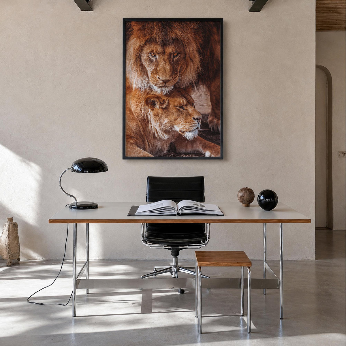 Lion no. 3 colorful photo poster – vertical wall art in black wood frame, hanging on wall