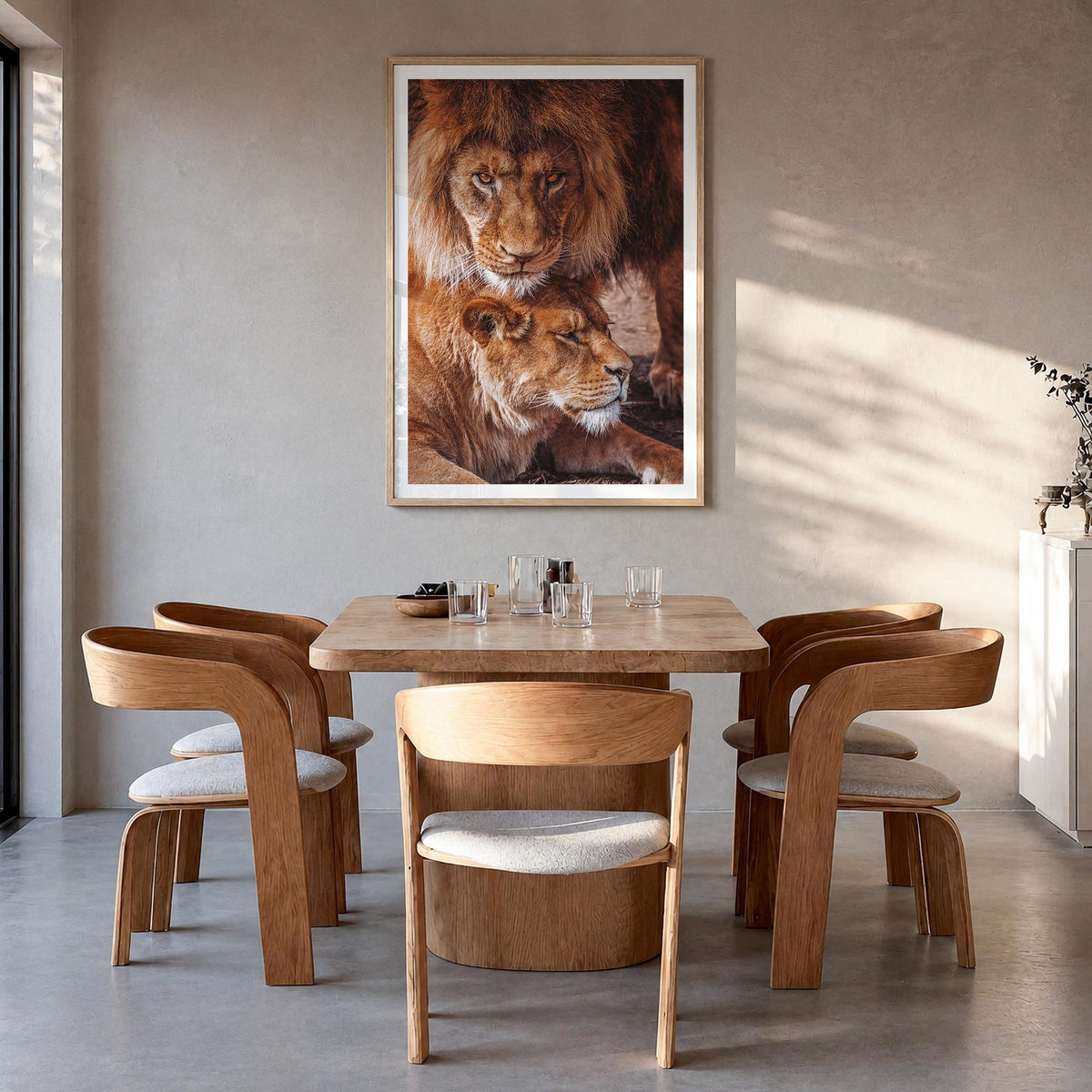 Lion no. 3 colorful photo poster – vertical wall art in natural wood frame with white border, hanging on wall