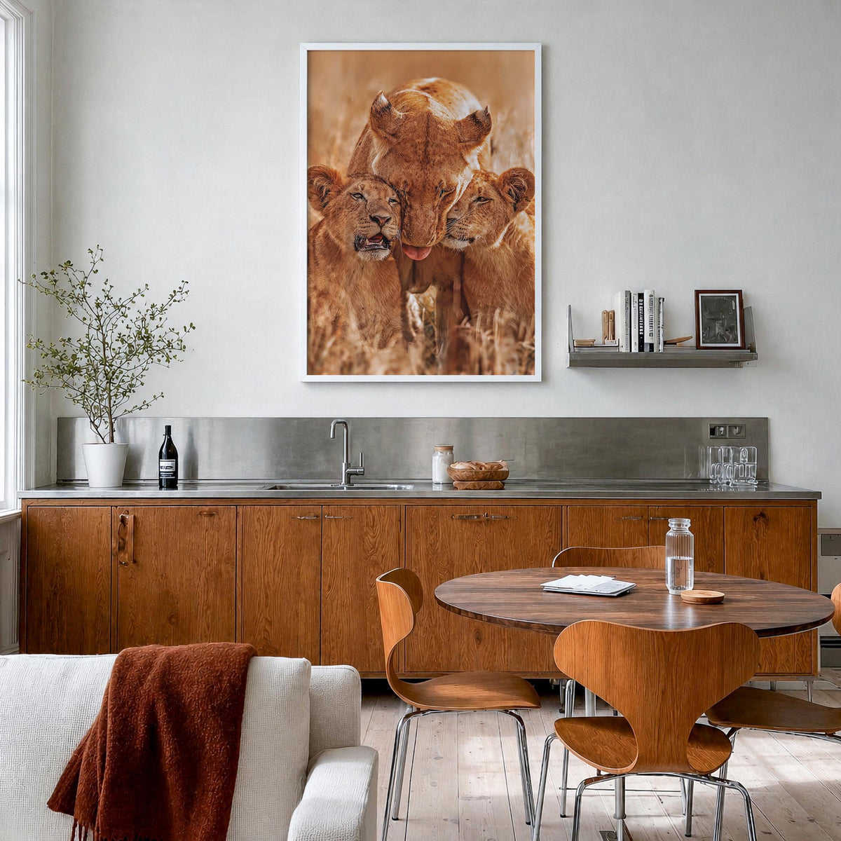 Lion no. 4 colorful photo poster – vertical wall art in white wood frame, hanging on wall
