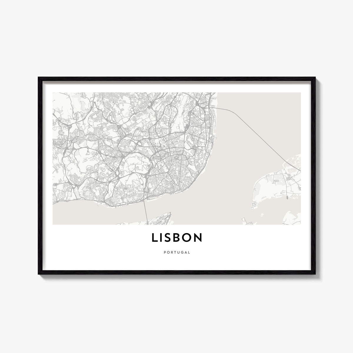 Lisbon black & white map poster of Portugal – horizontal wall art, unframed print shown in interior mockup