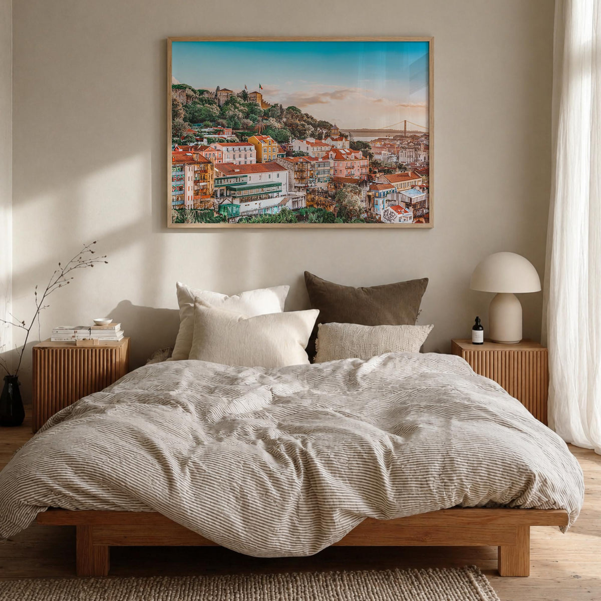 Lisbon colorful photo poster of Portugal – horizontal wall art in natural wood frame, hanging on wall