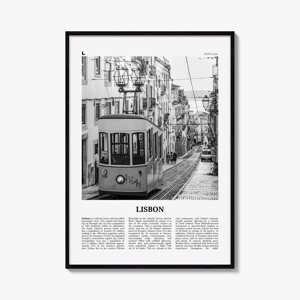 Lisbon no. 2 black & white newspaper poster of Portugal – vertical wall art, unframed print shown in interior mockup