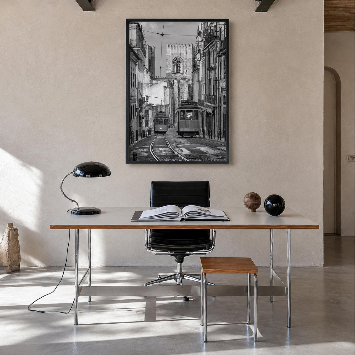 Lisbon no. 1 black & white photo poster of Portugal – vertical wall art in black wood frame, hanging on wall