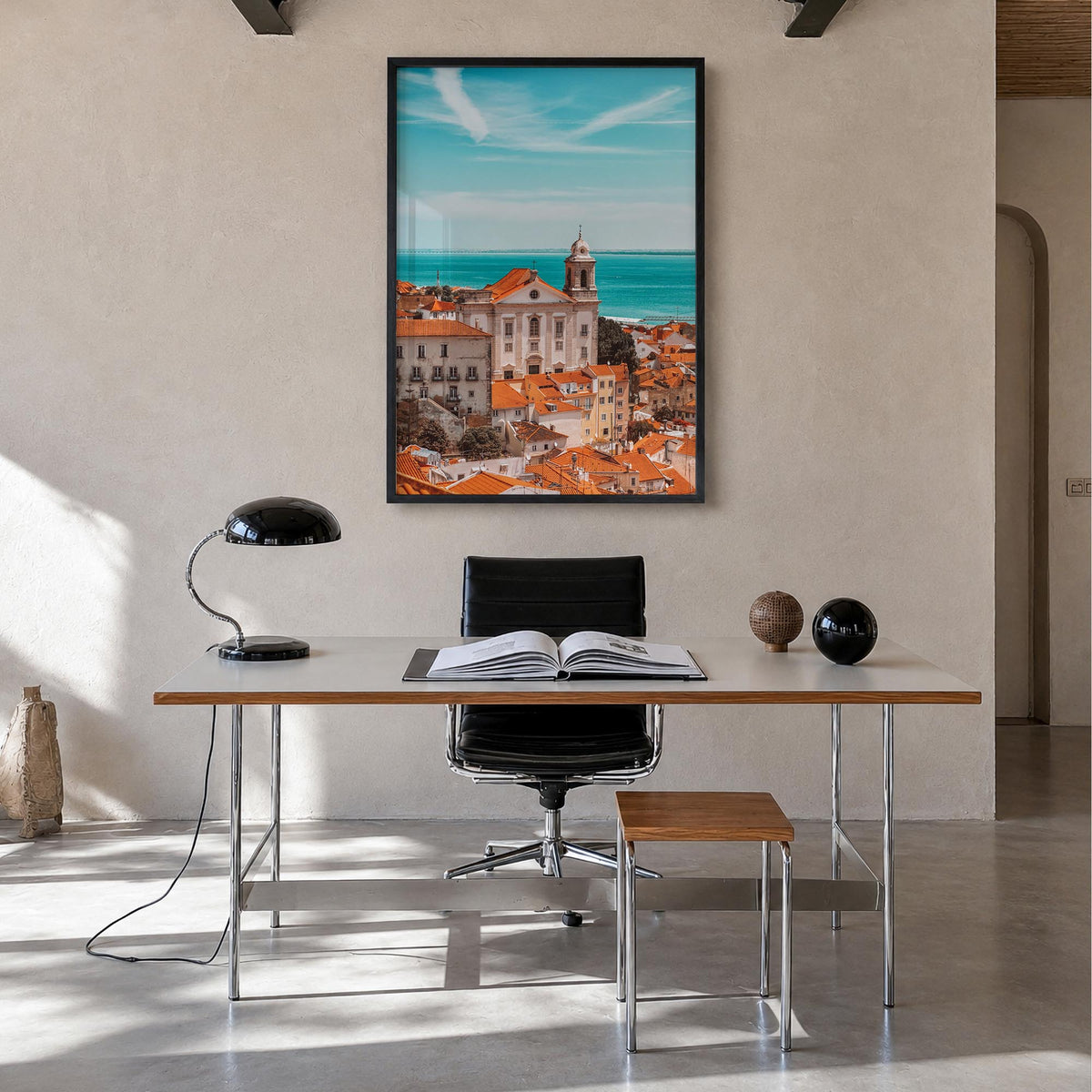 Lisbon no. 1 colorful photo poster of Portugal – vertical wall art in black wood frame, hanging on wall