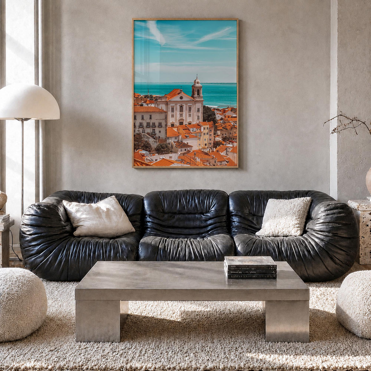 Lisbon no. 1 colorful photo poster of Portugal – vertical wall art in natural wood frame, hanging on wall