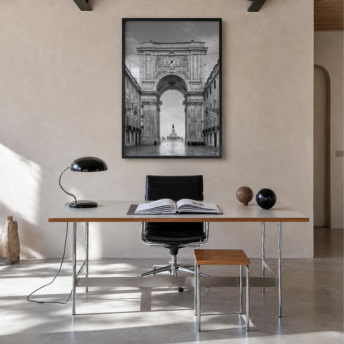 Lisbon no. 2 black & white photo poster of Portugal – vertical wall art in black wood frame, hanging on wall