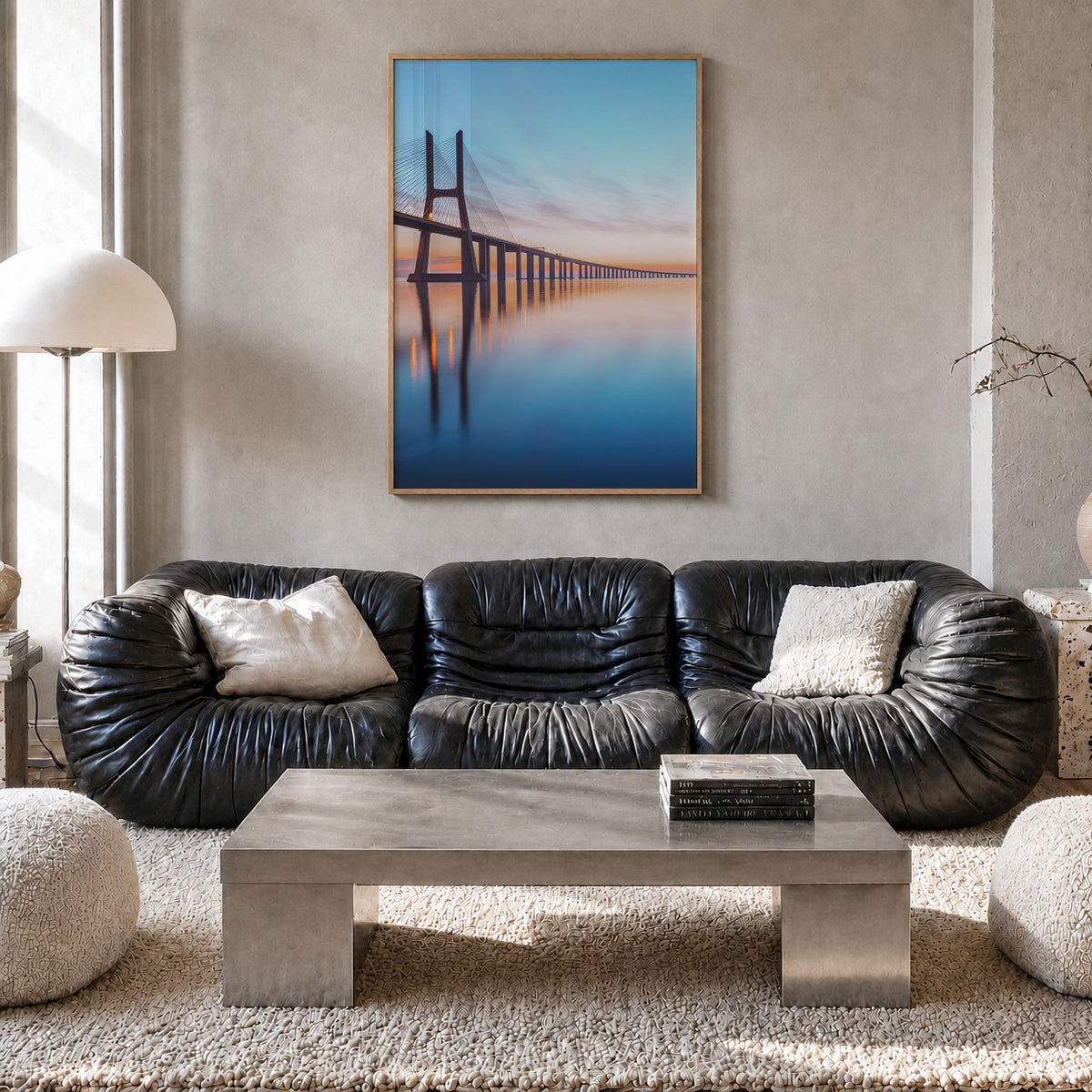 Lisbon no. 2 colorful photo poster of Portugal – vertical wall art in natural wood frame, hanging on wall