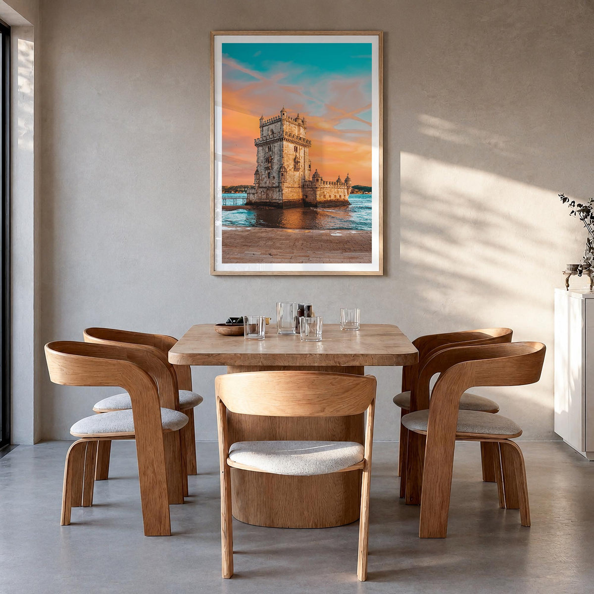 Lisbon no. 3 colorful photo poster of Portugal – vertical wall art in natural wood frame with white border, hanging on wall