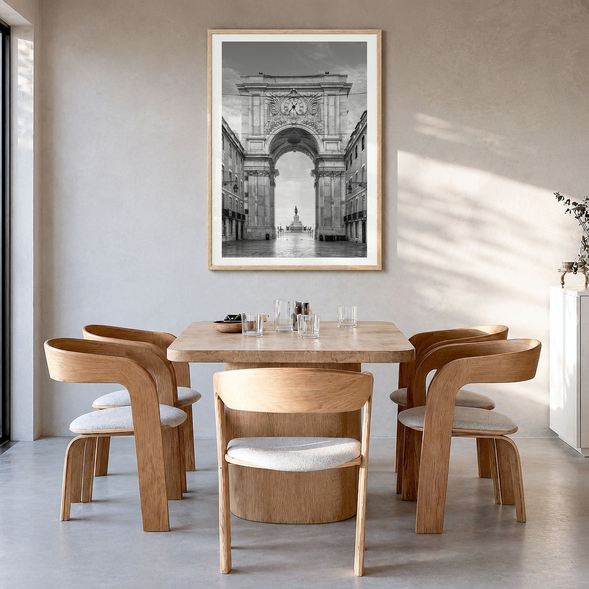 Lisbon Photo No 2 Poster in a natural wood frame, hanging in a dining room, white border