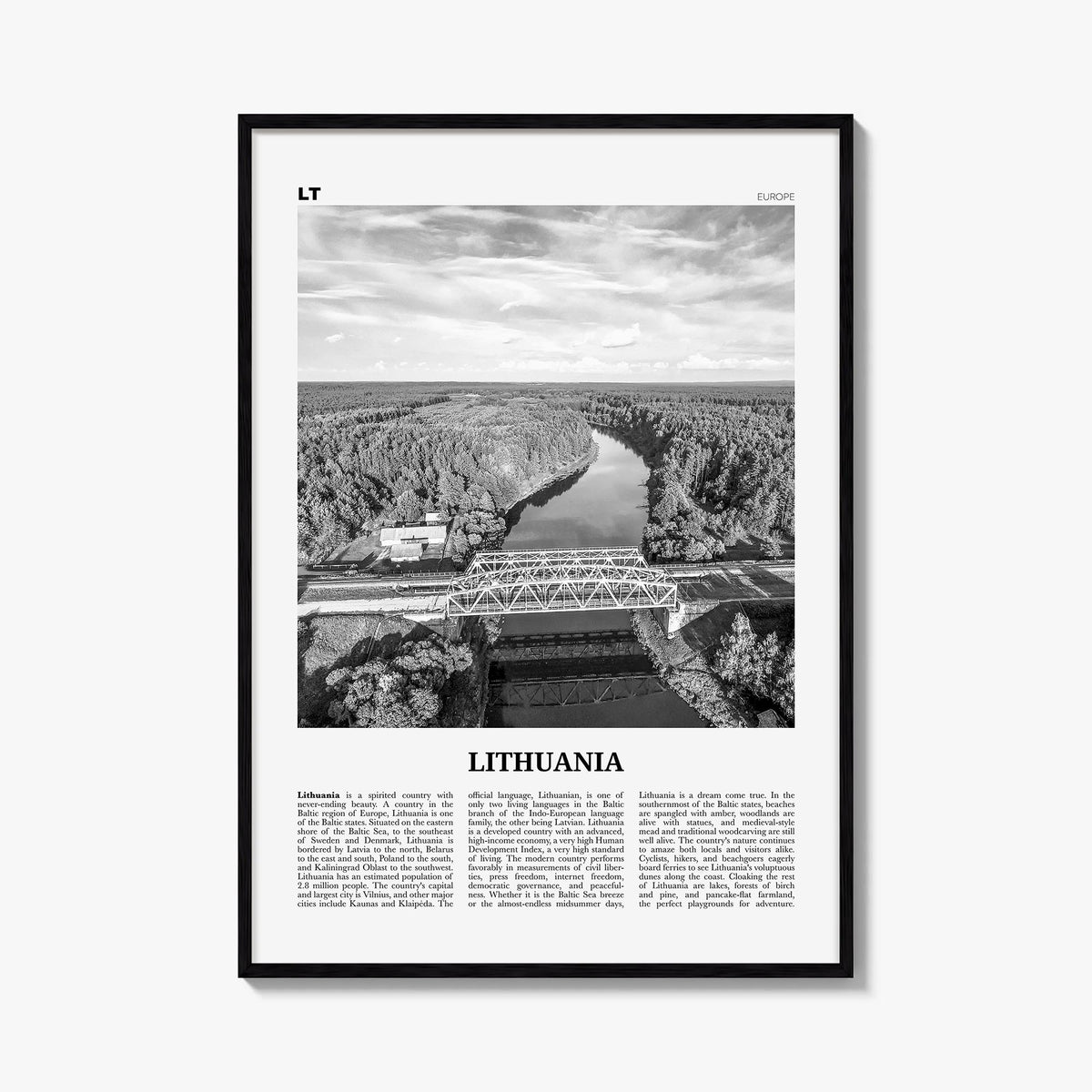 Lithuania black & white newspaper poster of Europe – vertical wall art, unframed print shown in interior mockup