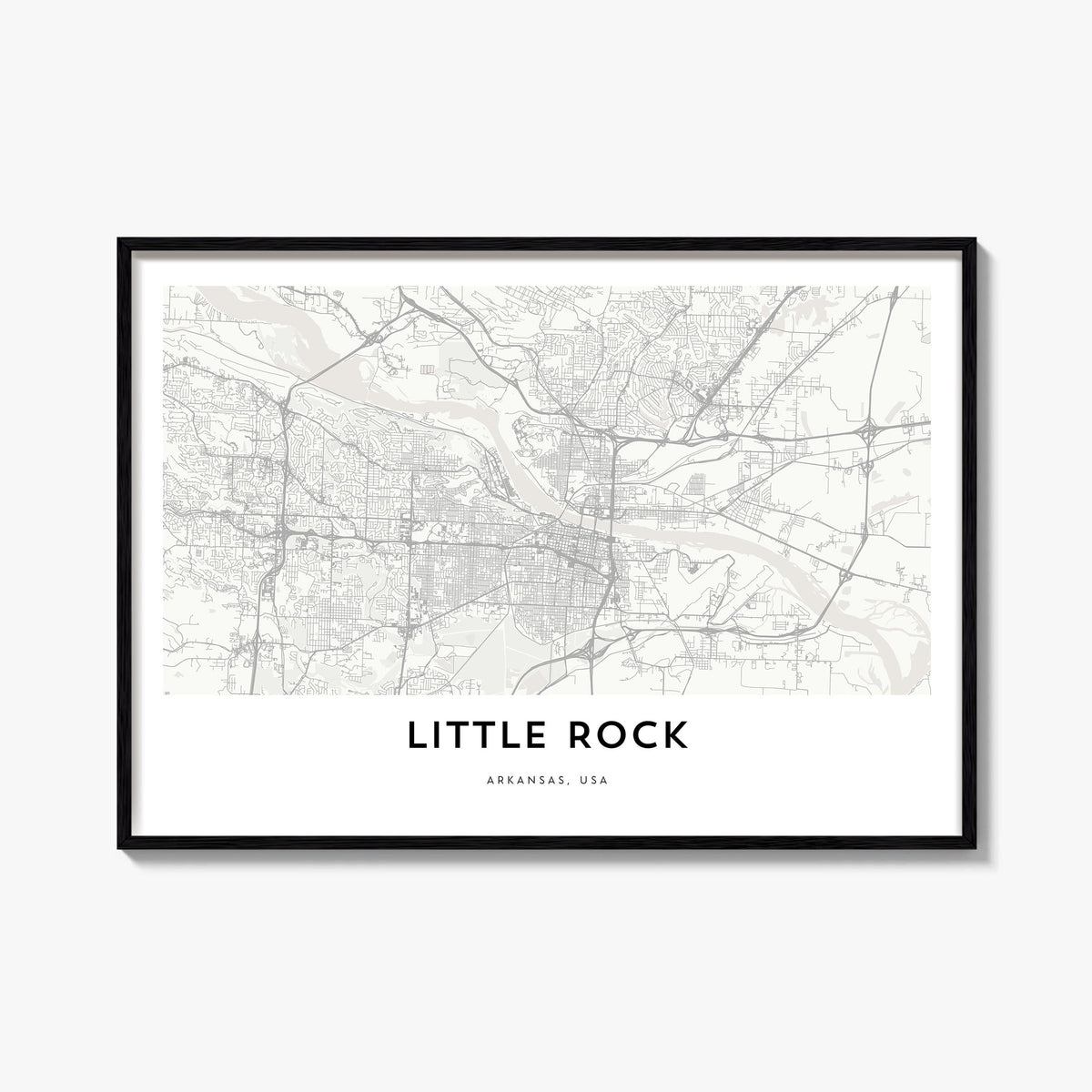 Little Rock black & white map poster of Arkansas, USA – horizontal wall art, unframed print shown in interior mockup
