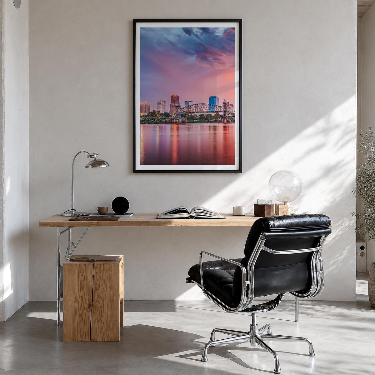 Little Rock colorful photo poster of Arkansas, USA – vertical wall art in black wood frame with white border, hanging on wall