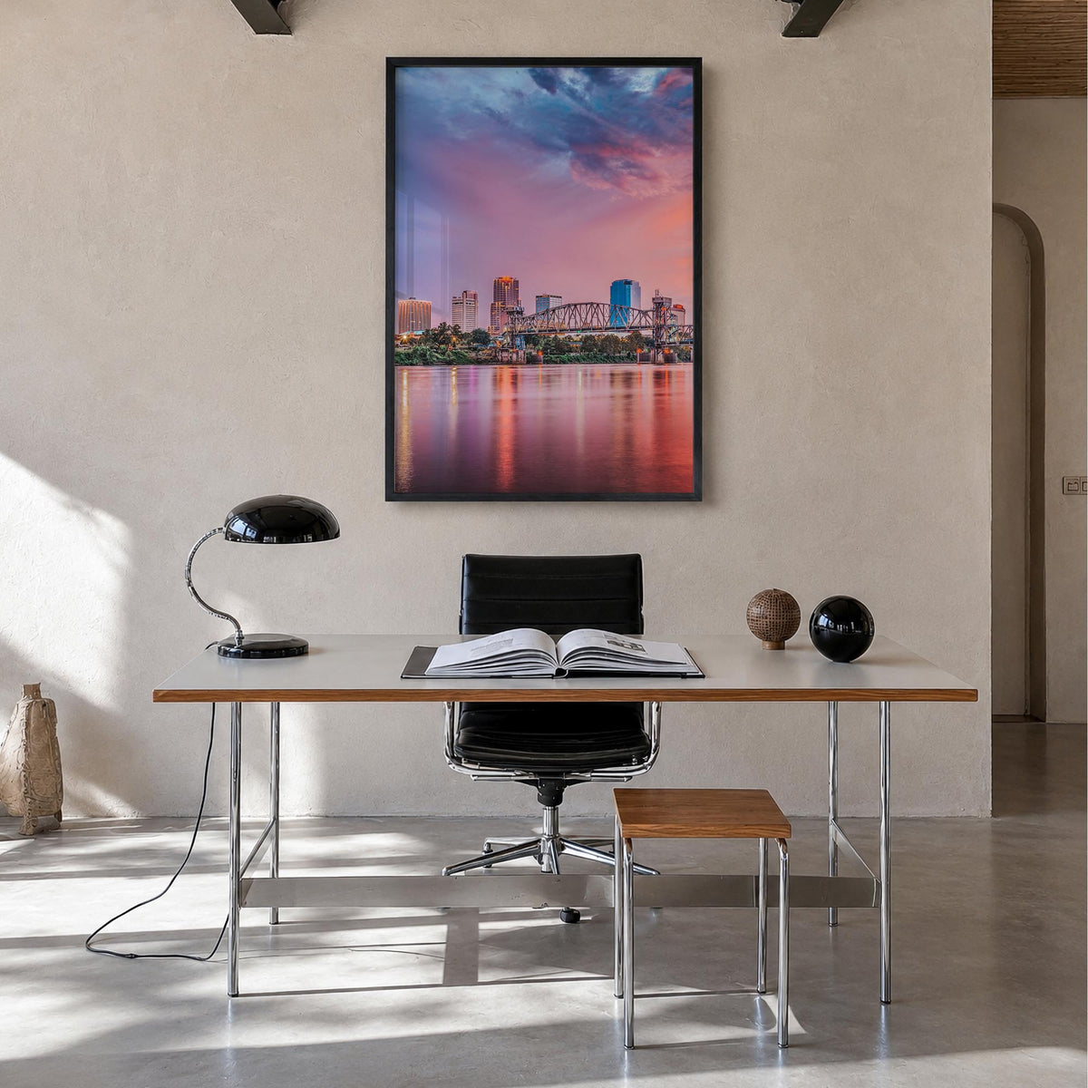 Little Rock colorful photo poster of Arkansas, USA – vertical wall art in black wood frame, hanging on wall