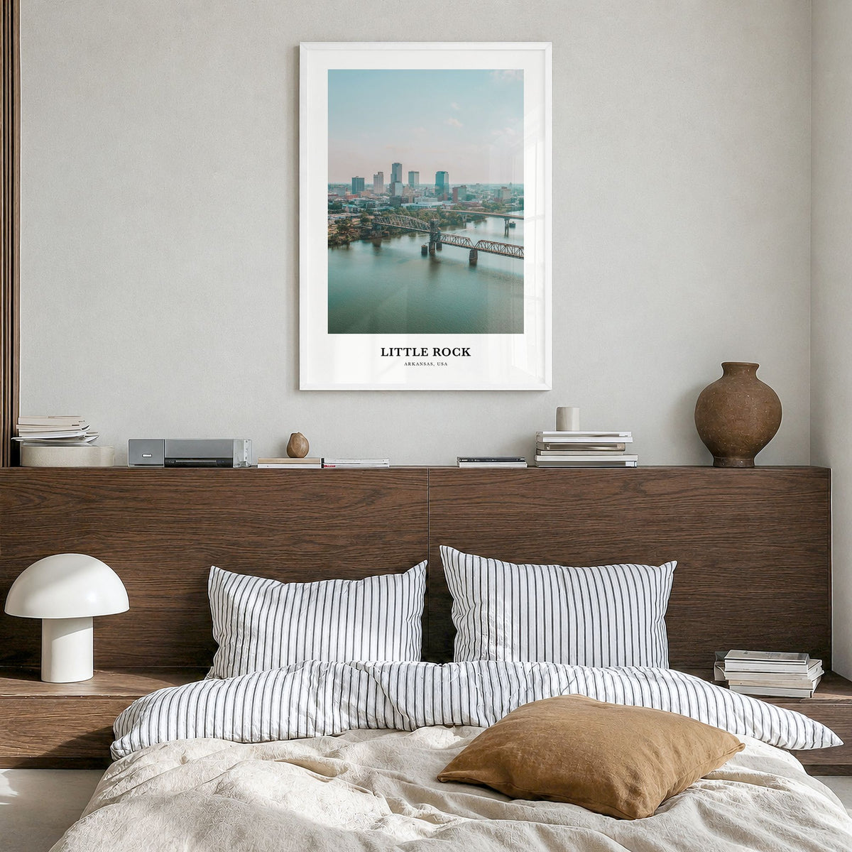Little Rock Classic Poster in a white wood frame, hanging in a bedroom