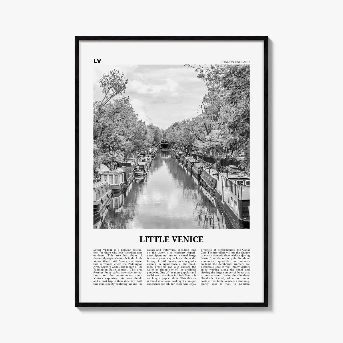 Little Venice, London black & white newspaper poster of United Kingdom – vertical wall art, unframed print shown in interior