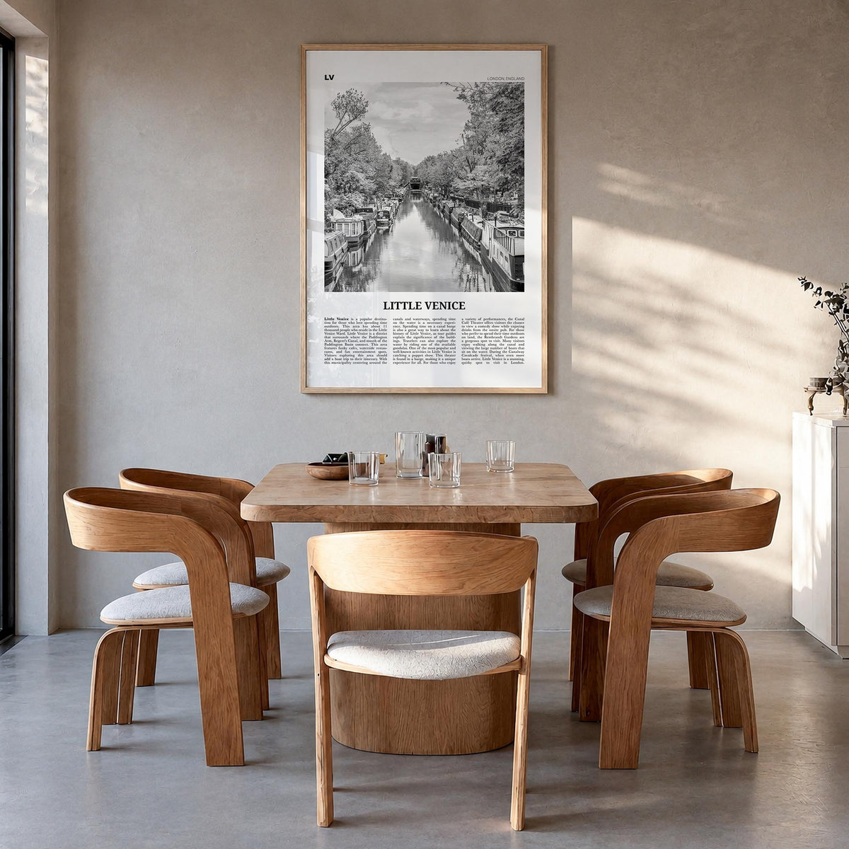 Little Venice, London black & white newspaper poster of United Kingdom – vertical wall art in natural wood frame, hanging on