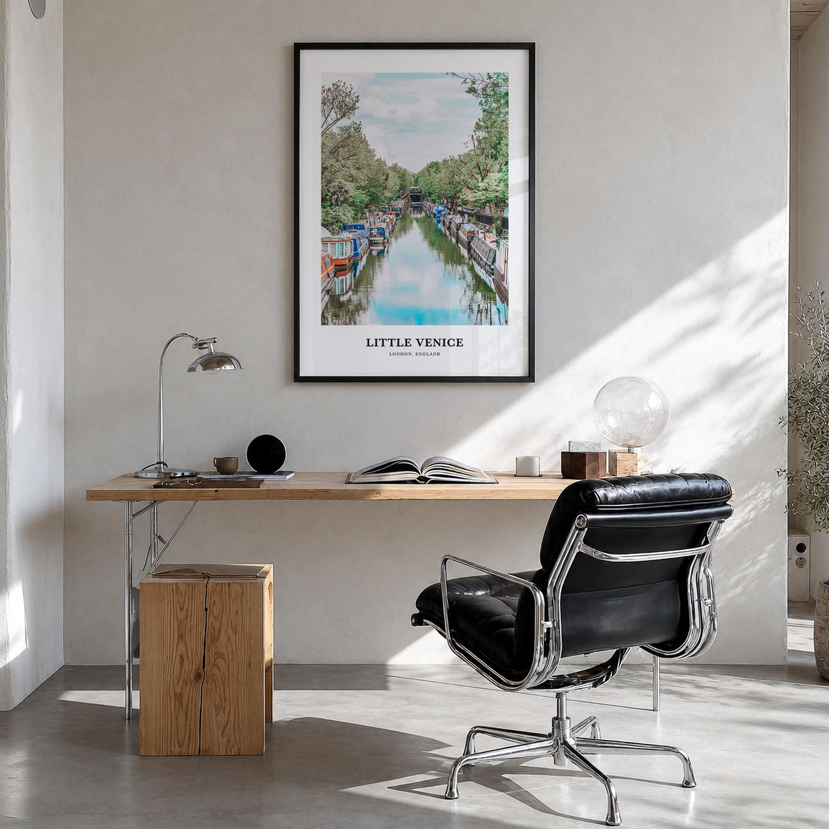 Little Venice, London colorful classic poster of United Kingdom – vertical wall art in black wood frame, hanging on wall