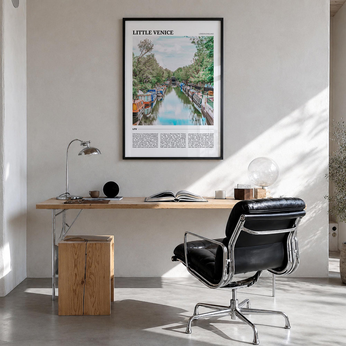 Little Venice, London colorful travel poster of United Kingdom – vertical wall art in black wood frame, hanging on wall