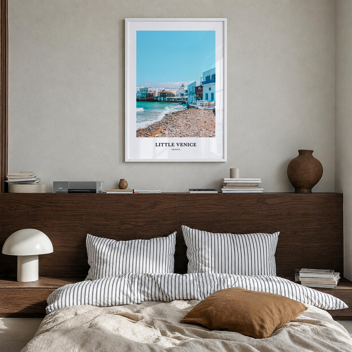 Little Venice, Mykonos colorful classic poster of Greece – vertical wall art in white wood frame, hanging on wall