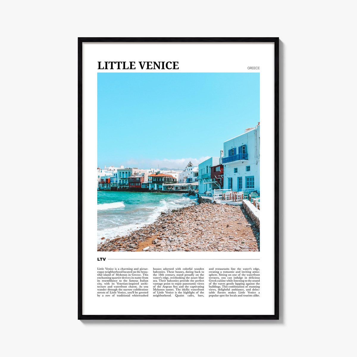 Little Venice, Mykonos colorful travel poster of Greece – vertical wall art, unframed print shown in interior mockup