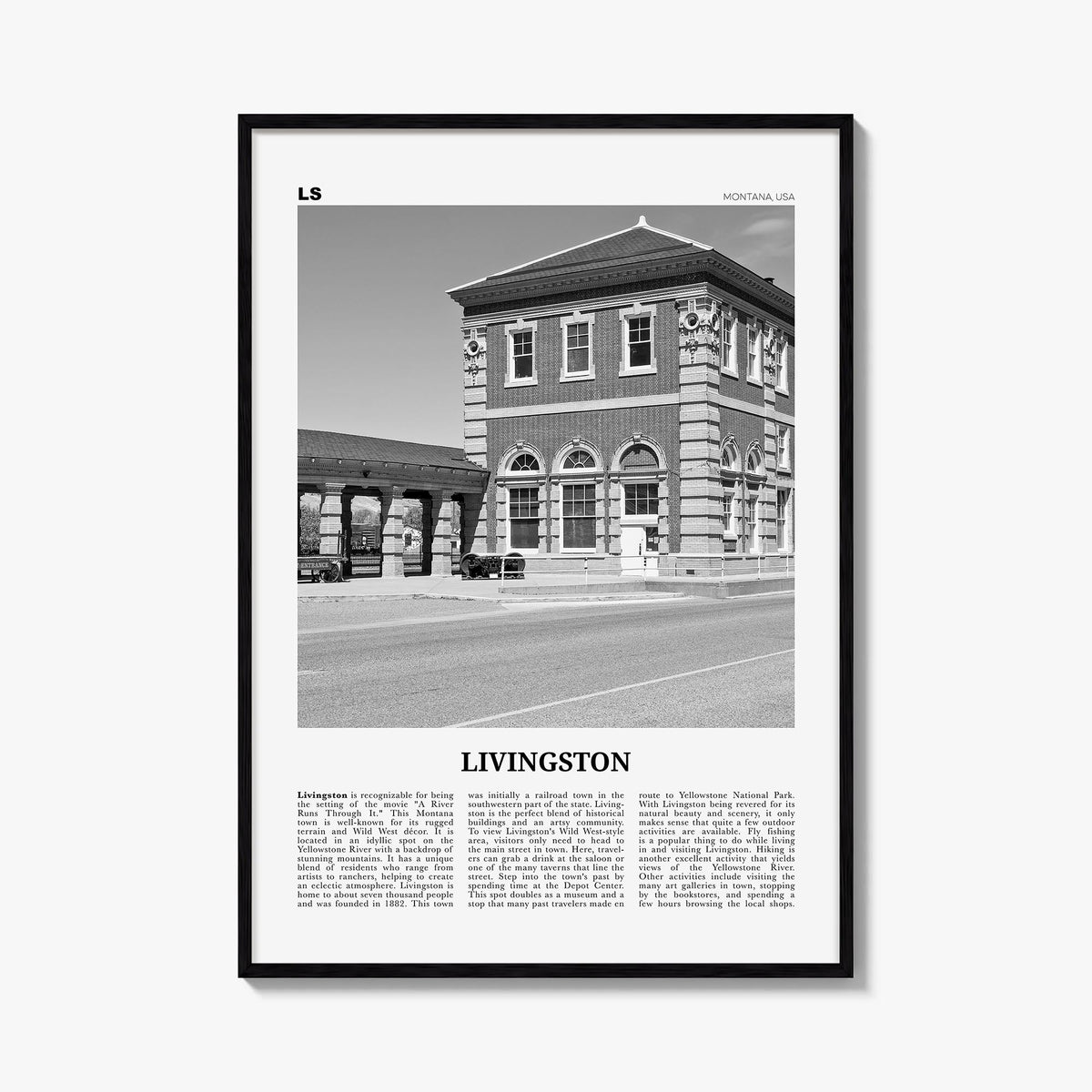 Livingston black & white newspaper poster of United Kingdom – vertical wall art, unframed print shown in interior mockup