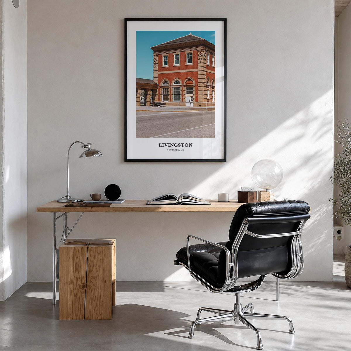Livingston colorful classic poster of United Kingdom – vertical wall art in black wood frame, hanging on wall
