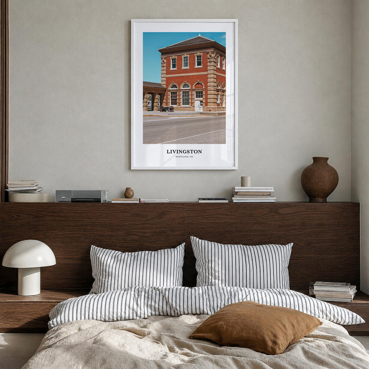 Livingston colorful classic poster of United Kingdom – vertical wall art in white wood frame, hanging on wall