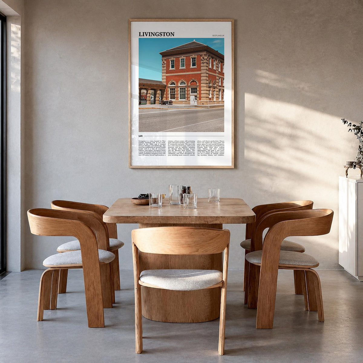 Livingston colorful travel poster of United Kingdom – vertical wall art in natural wood frame, hanging on wall