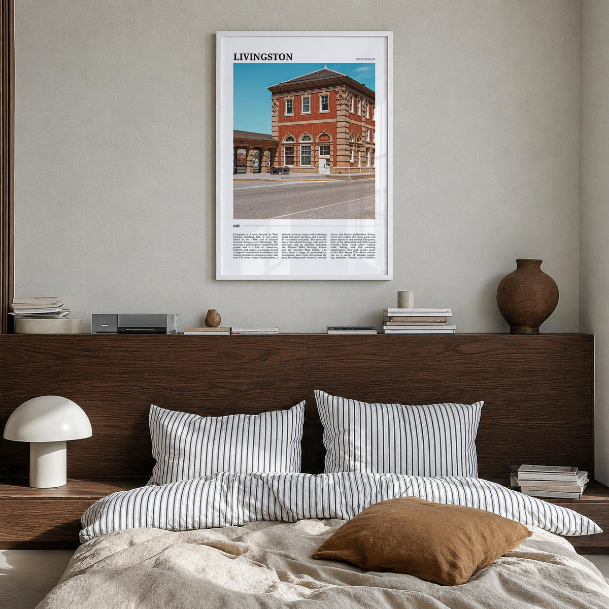 Livingston colorful travel poster of United Kingdom – vertical wall art in white wood frame, hanging on wall