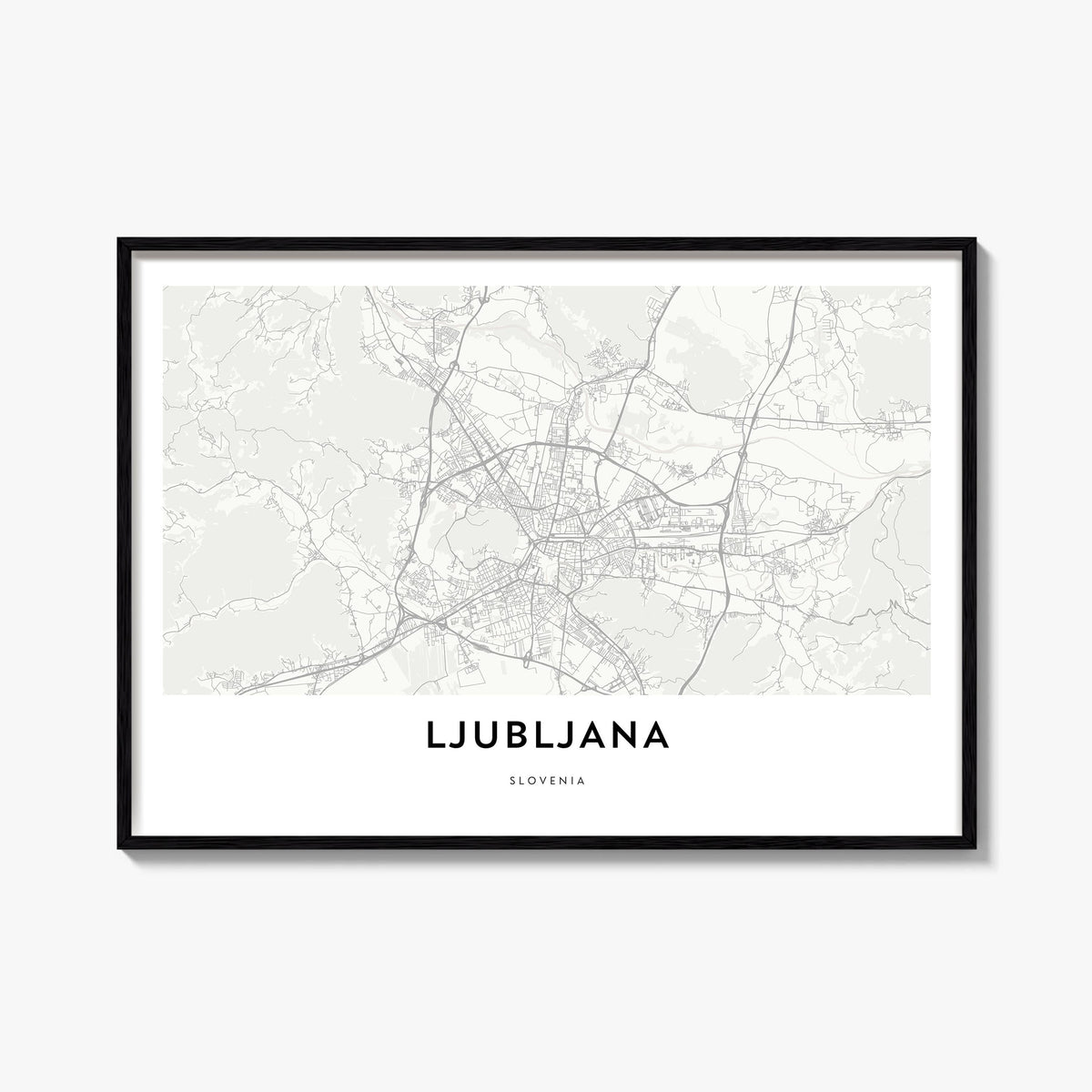Ljubljana black & white map poster of Slovenia – horizontal wall art, unframed print shown in interior mockup