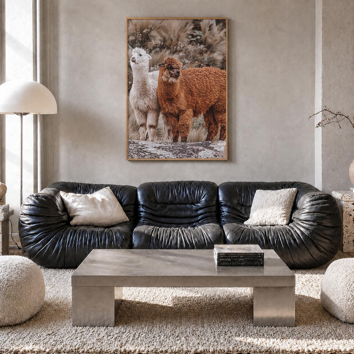 Llama colorful photo poster – vertical wall art in natural wood frame, hanging on wall