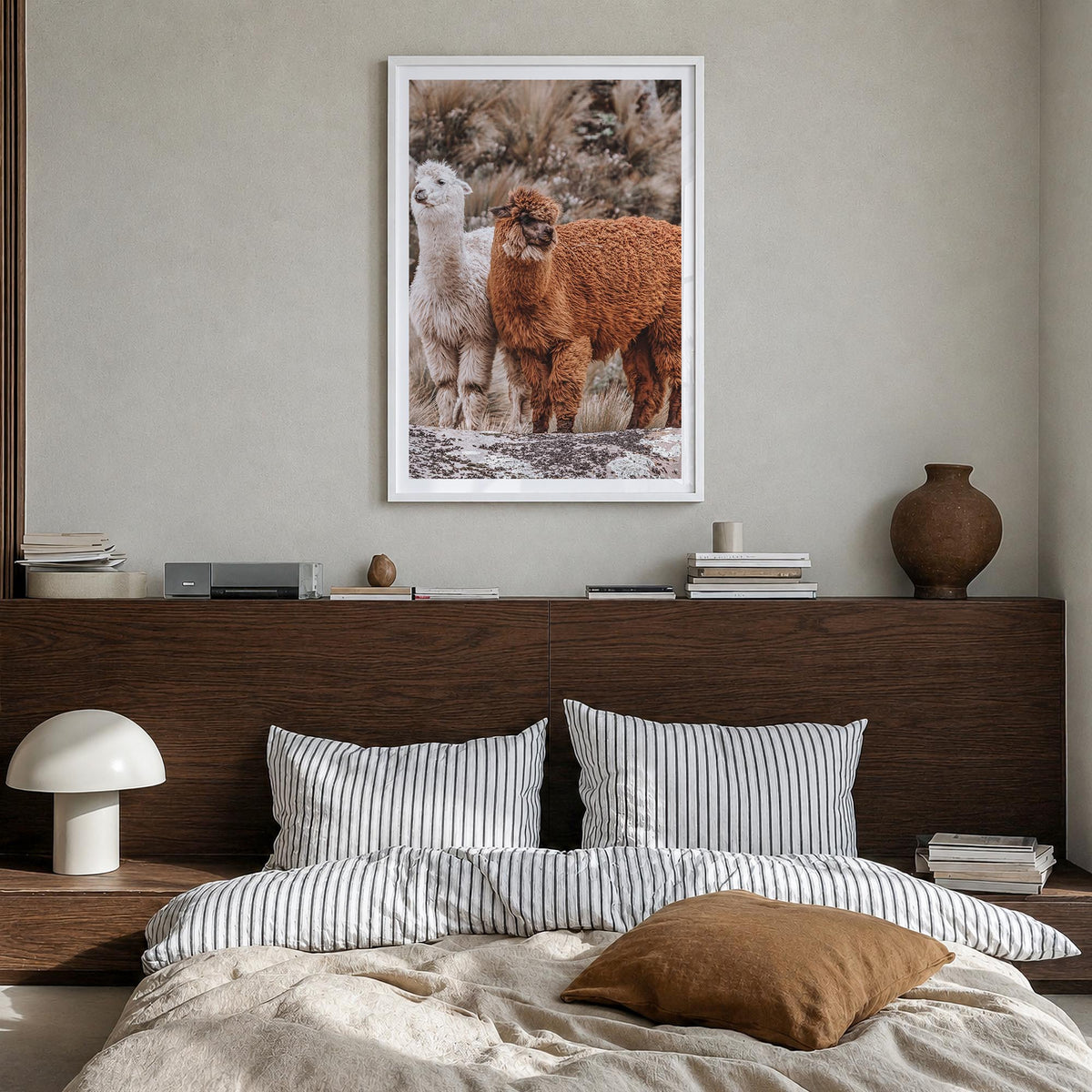 Llama colorful photo poster – vertical wall art in white wood frame with white border, hanging on wall