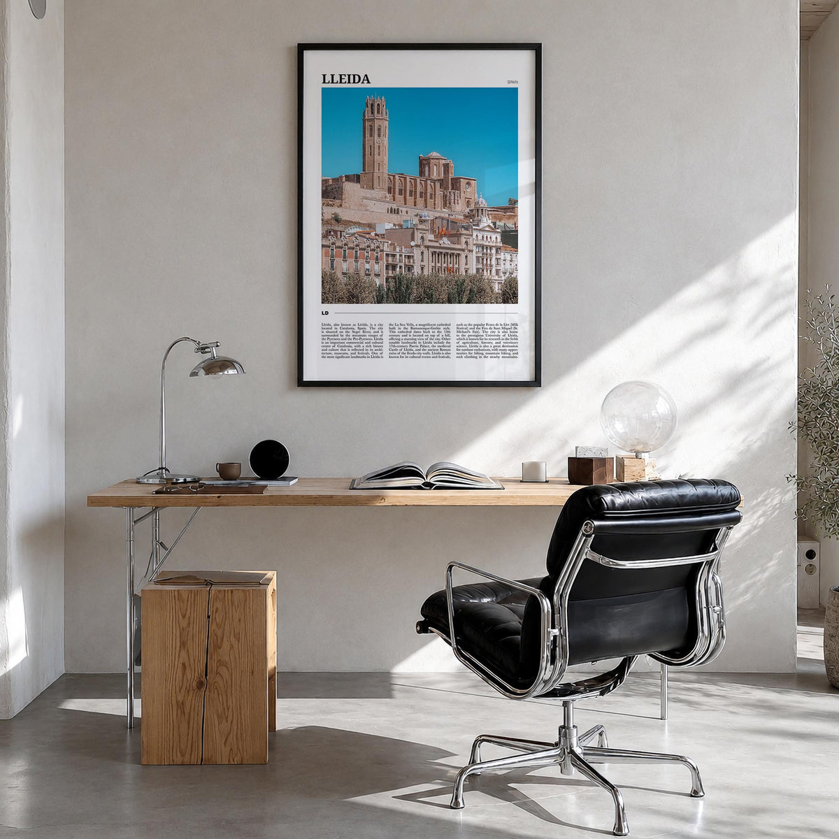 Lleida colorful travel poster of Spain – vertical wall art in black wood frame, hanging on wall