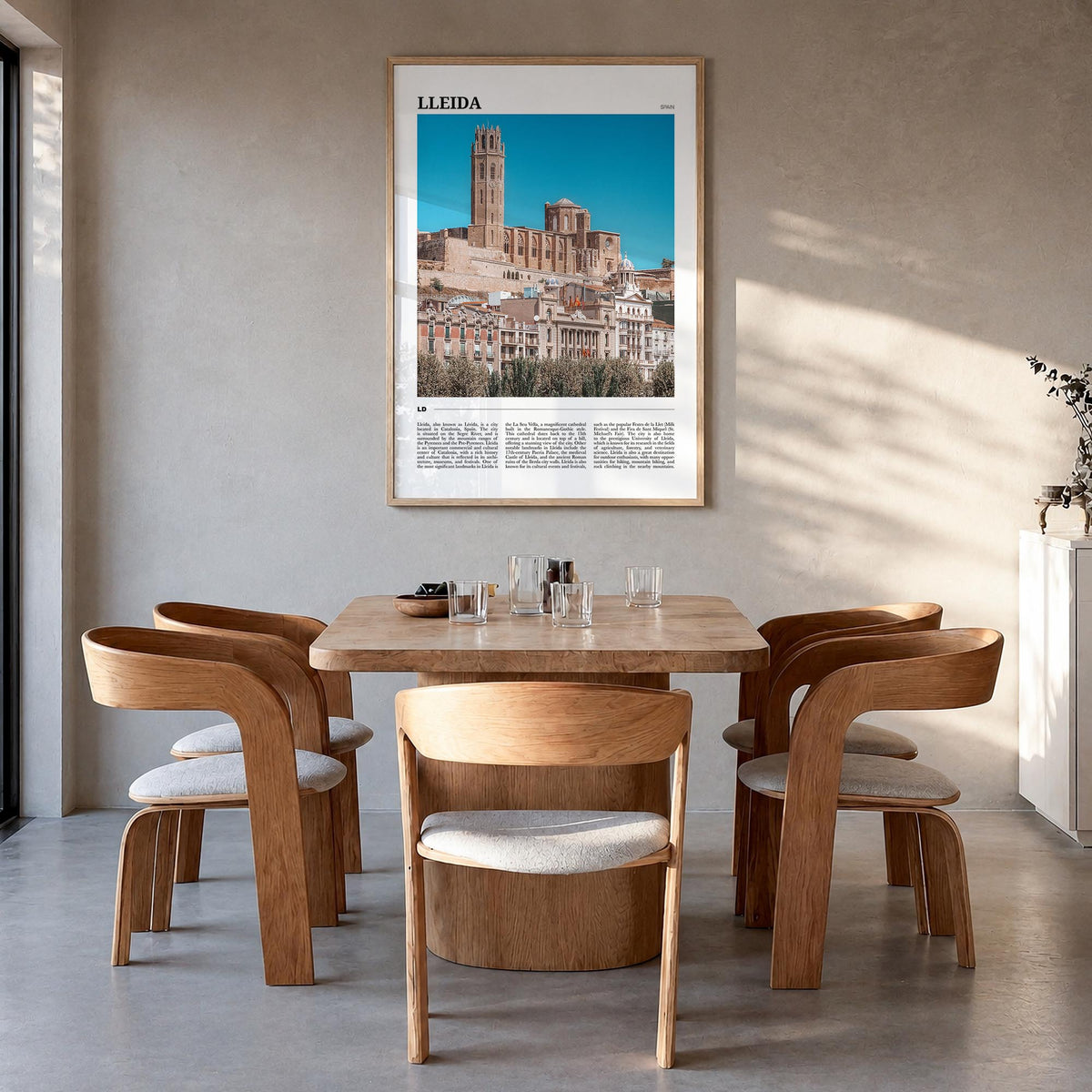 Lleida colorful travel poster of Spain – vertical wall art in natural wood frame, hanging on wall