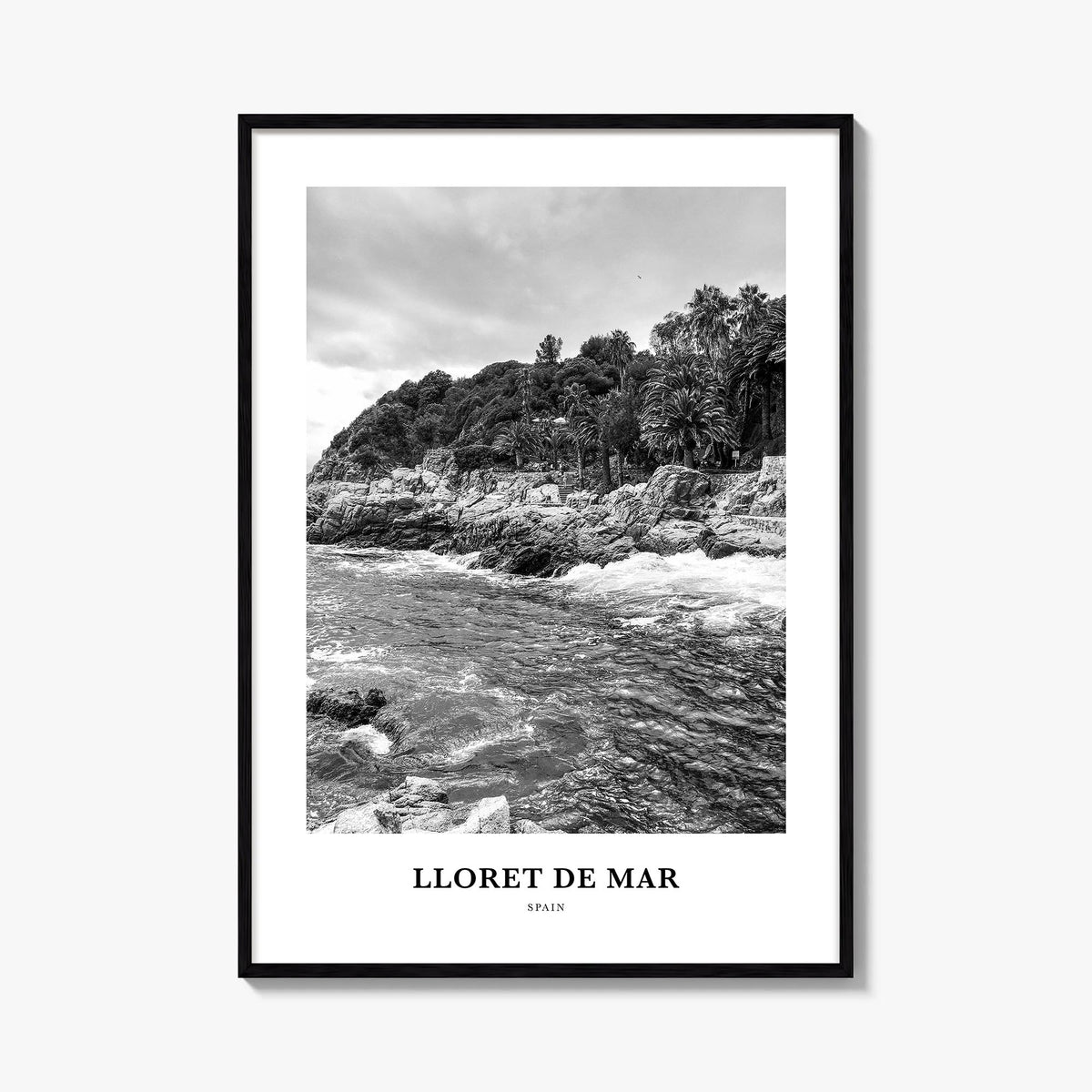 Lloret de Mar black & white classic poster of Spain – vertical wall art, unframed print shown in interior mockup