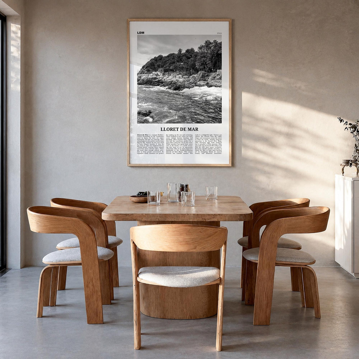 Lloret de Mar no. 1 black & white newspaper poster of Spain – vertical wall art in natural wood frame, hanging on wall