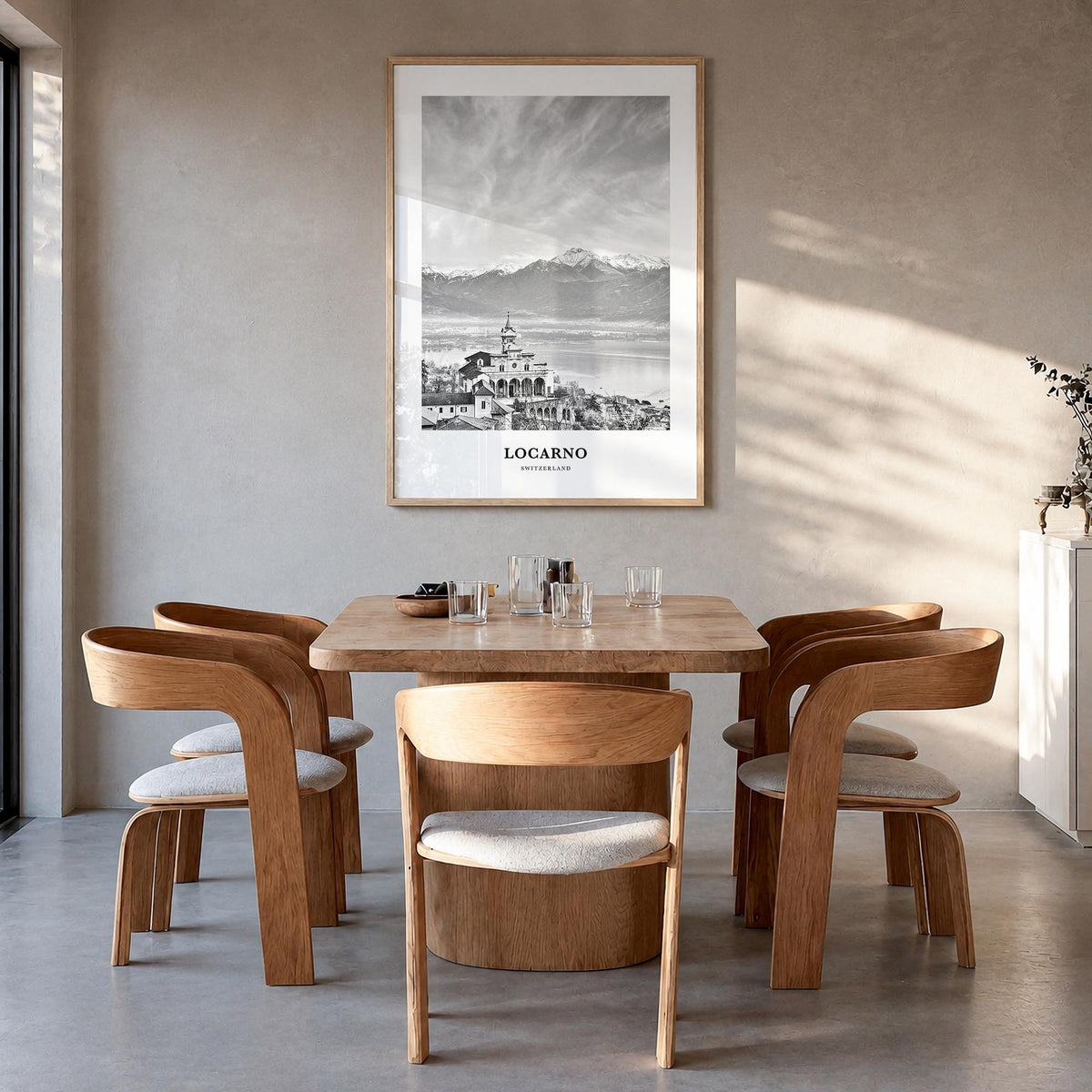 Locarno black & white classic poster of Switzerland – vertical wall art in natural wood frame, hanging on wall