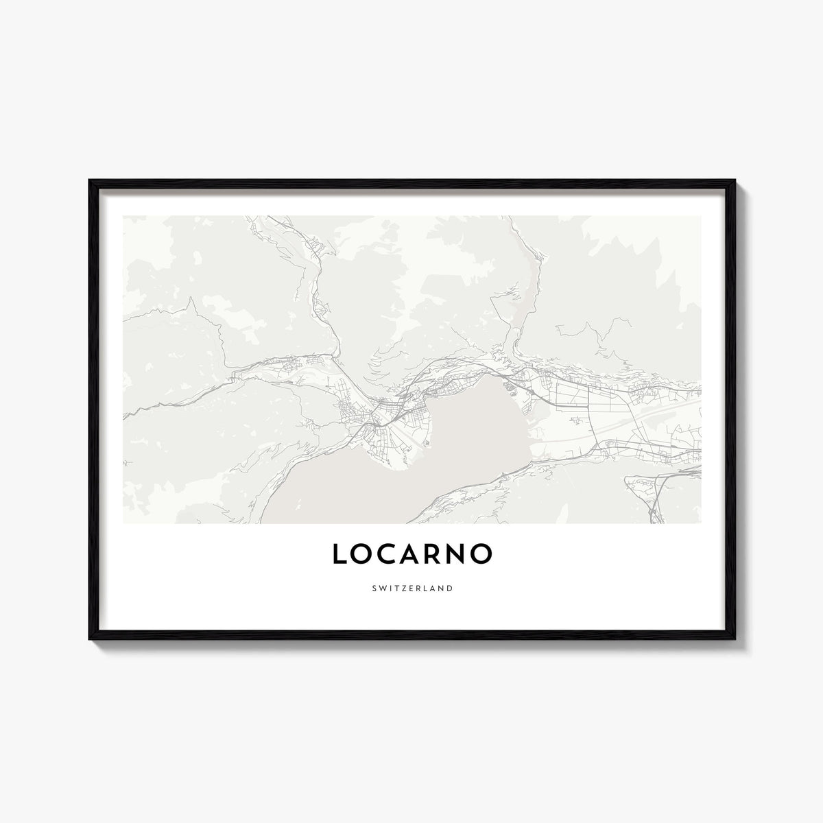 Locarno black & white map poster of Switzerland – horizontal wall art, unframed print shown in interior mockup