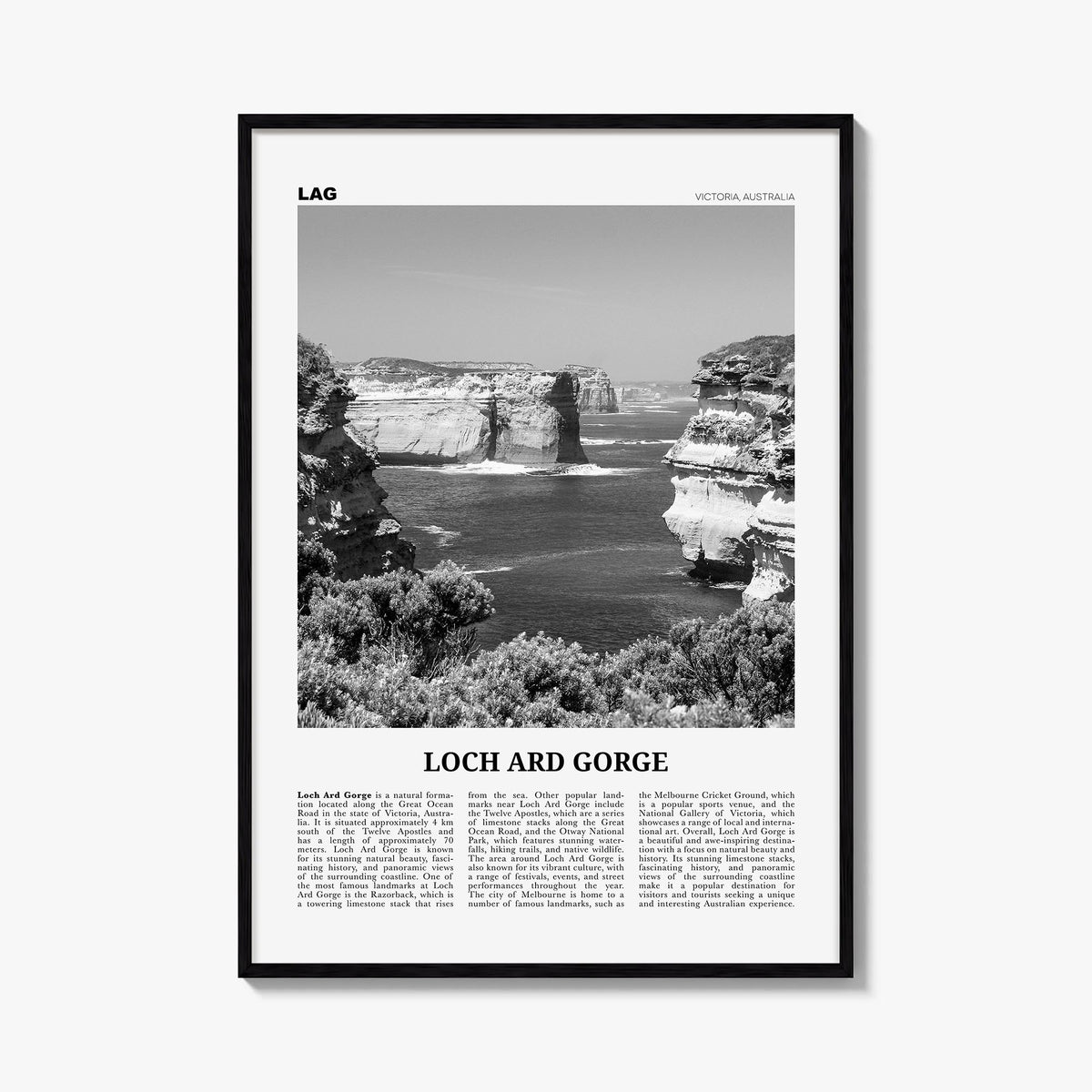 Loch Ard Gorge black & white newspaper poster of Australia – vertical wall art, unframed print shown in interior mockup
